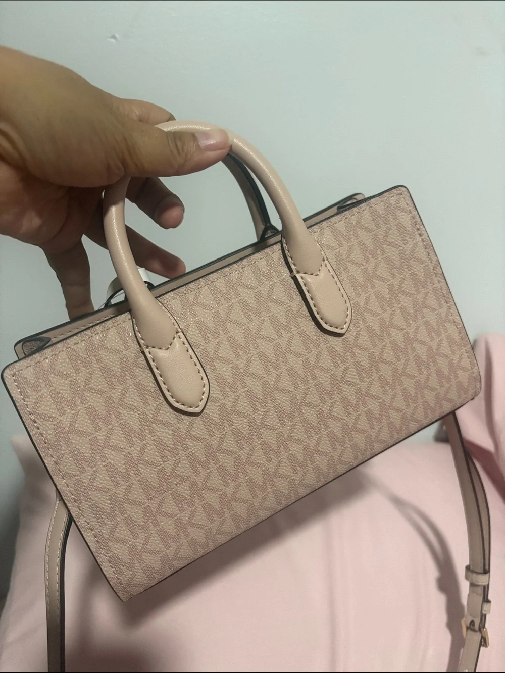 A cute MICHAEL KORS Blush Pink Logo Satchel with Floral Charm